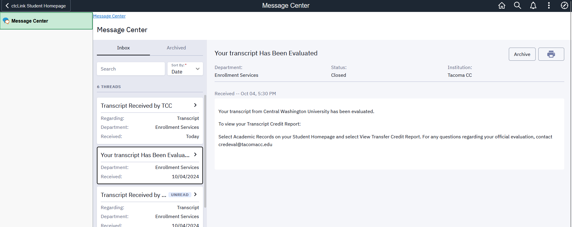 Message Center Notification, Transcript Evaluated