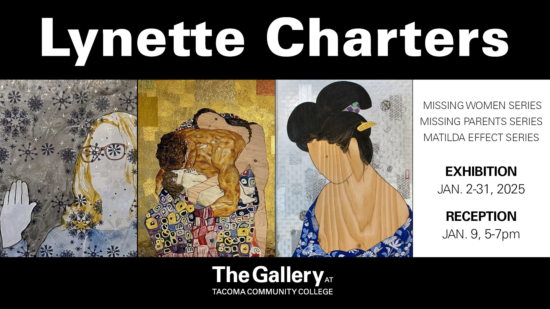 Postcard for Lynette Charters exhibition with artwork. Jan. 2-31, 2025. Reception 5-7 p.m. Jan. 9. 