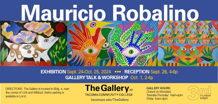 Postcard with images from the Mauricio Robalino Exhibition, Sept. 24 - Oct. 25 2024 in The Gallery at TCC 