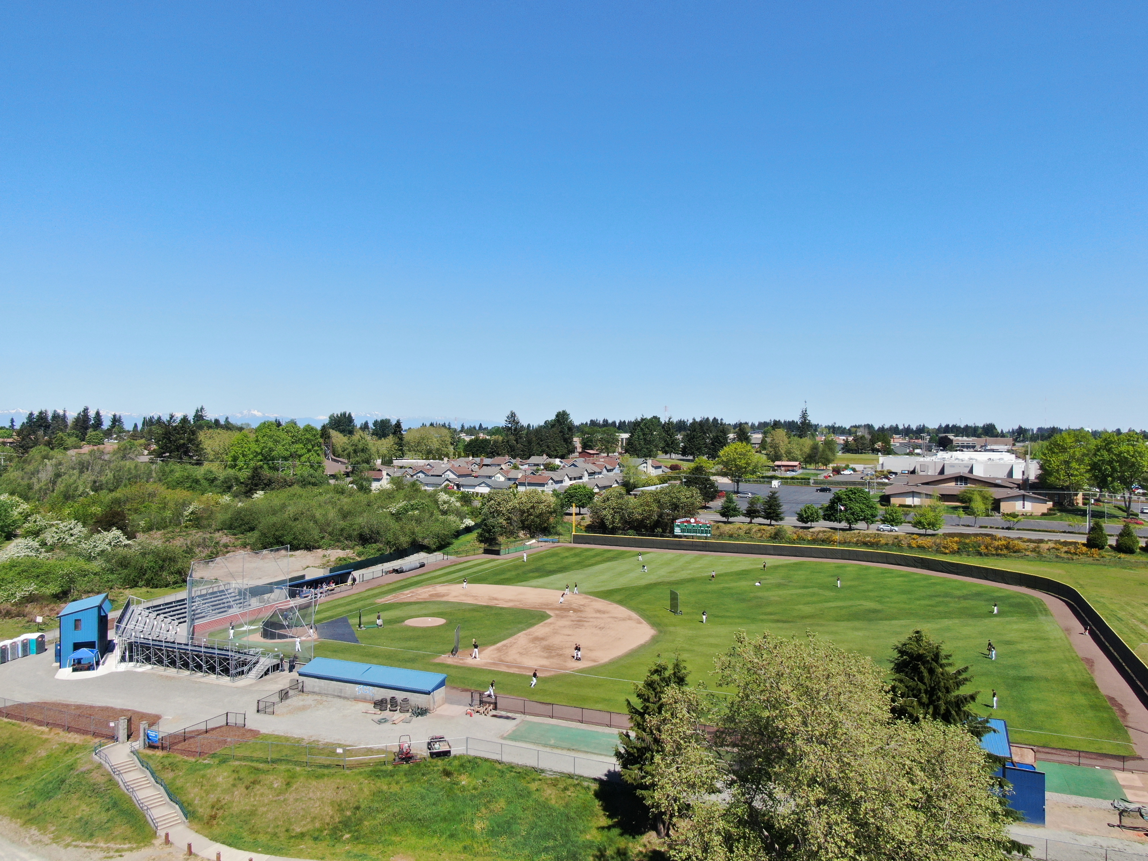 a wide shot of baseball field from above