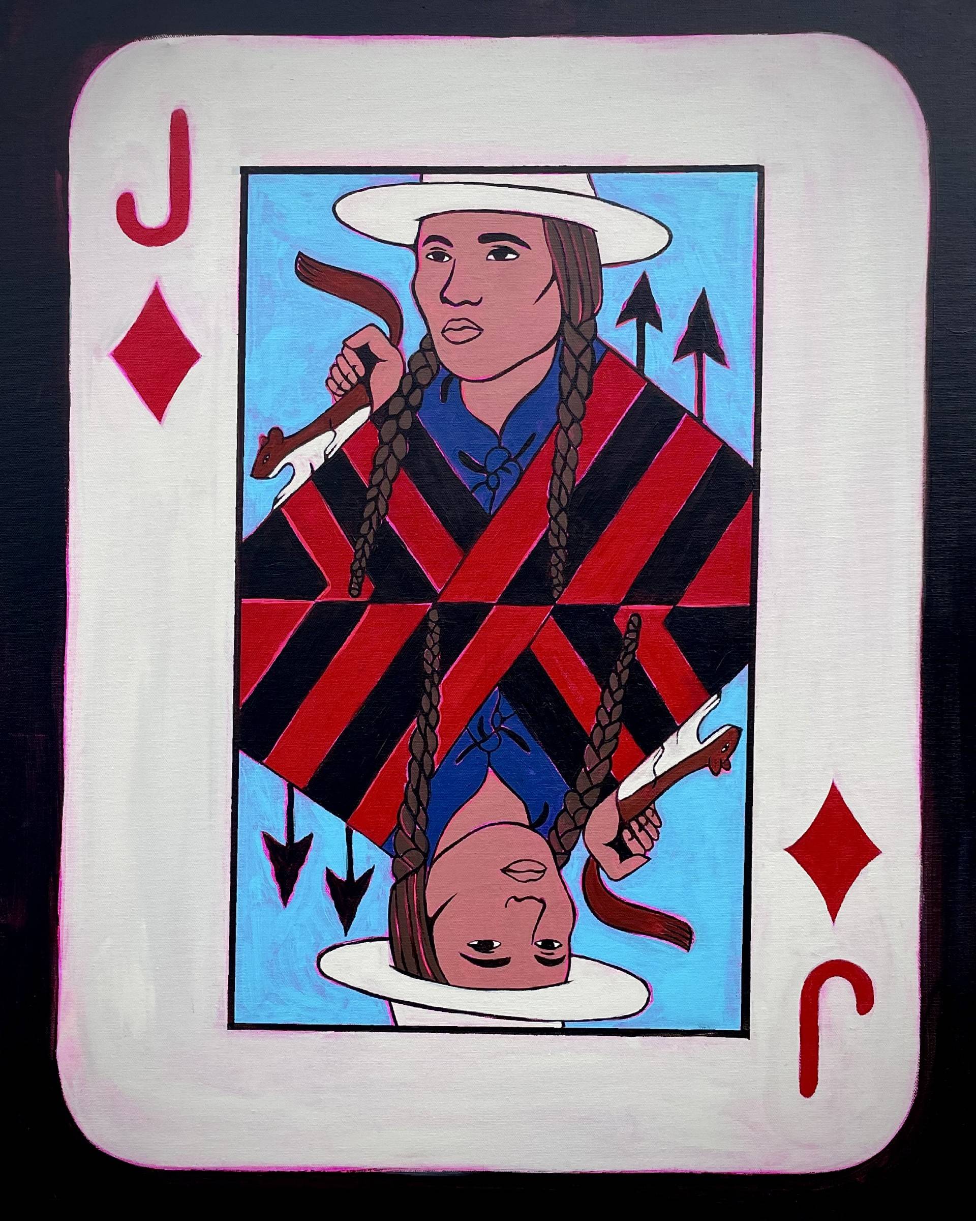 Painting of a playing card featuring a Native American as the Jack of Diamonds.