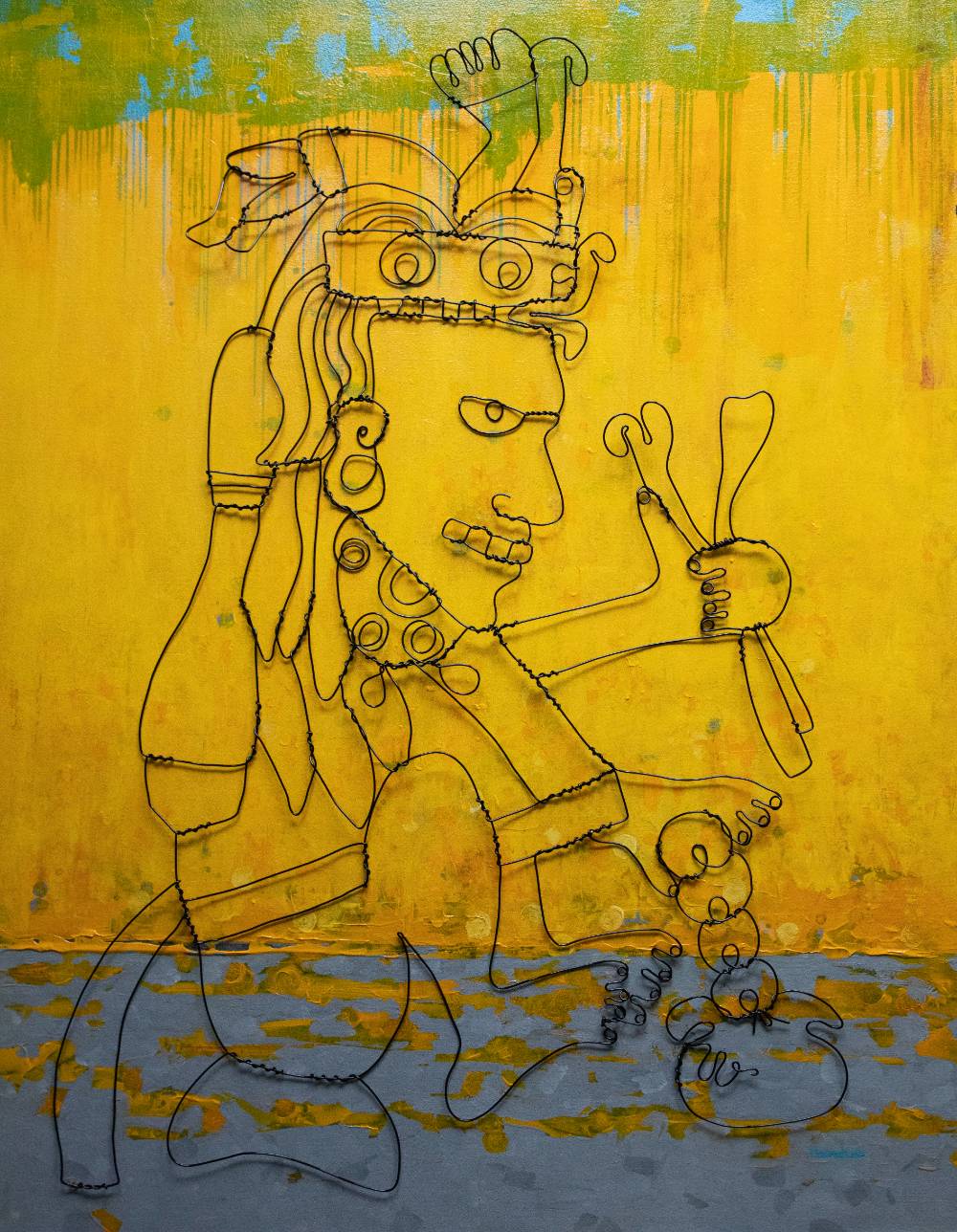 Collaborative Idenity Copper wire drawing in front of yellow acrylic painting
