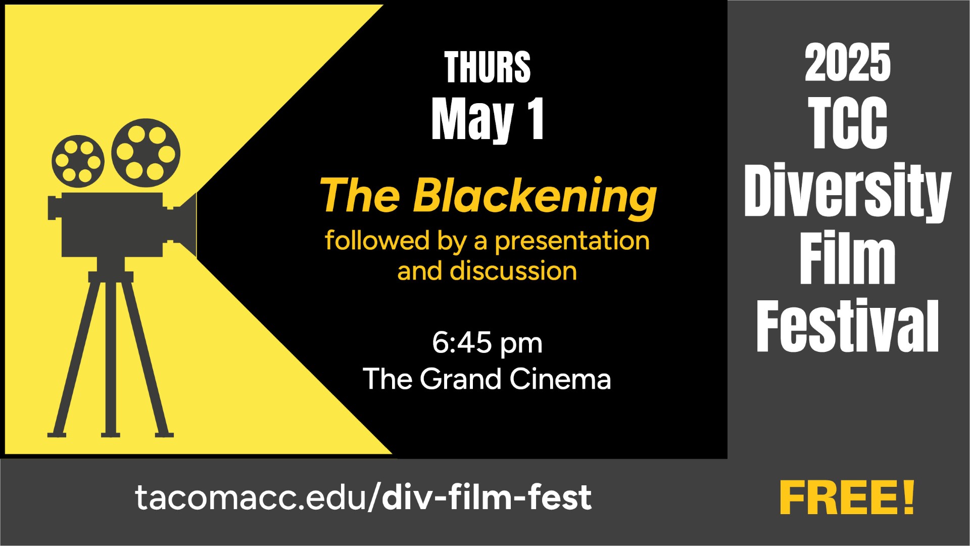 Flyer for "The Blackening," TCC 2025 Diversity Film Festival, 1:30p, Building 2 Theater. Free.