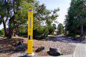 yellow emergency phone tower with a blue light on top