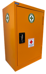 orange locker-style box adorned with stickers picturing a health cross