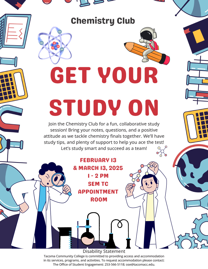 Flyer for Chemistry Club Study Session, Feb. 13 & March 13, 1-2 p.m. in the SEM-TC