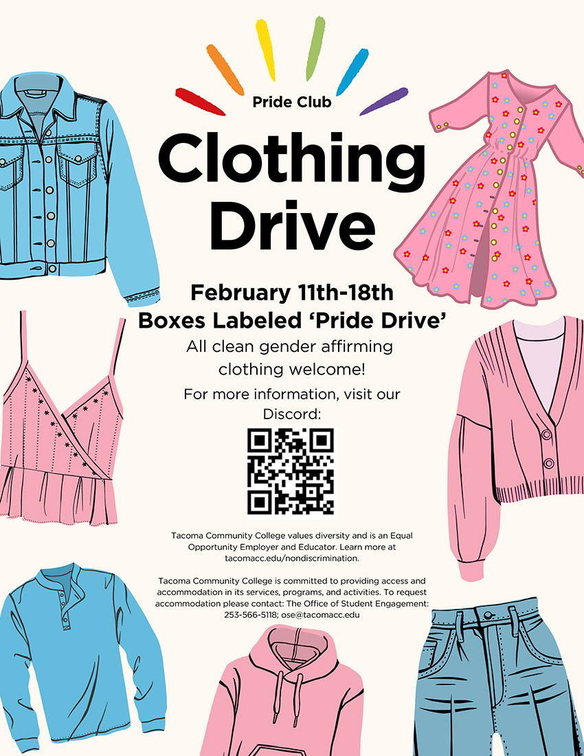 Flyer for Pride Club Clothing Drive, Feb. 11 - 18. Drop off clothing in boxes labled Pride Club. 