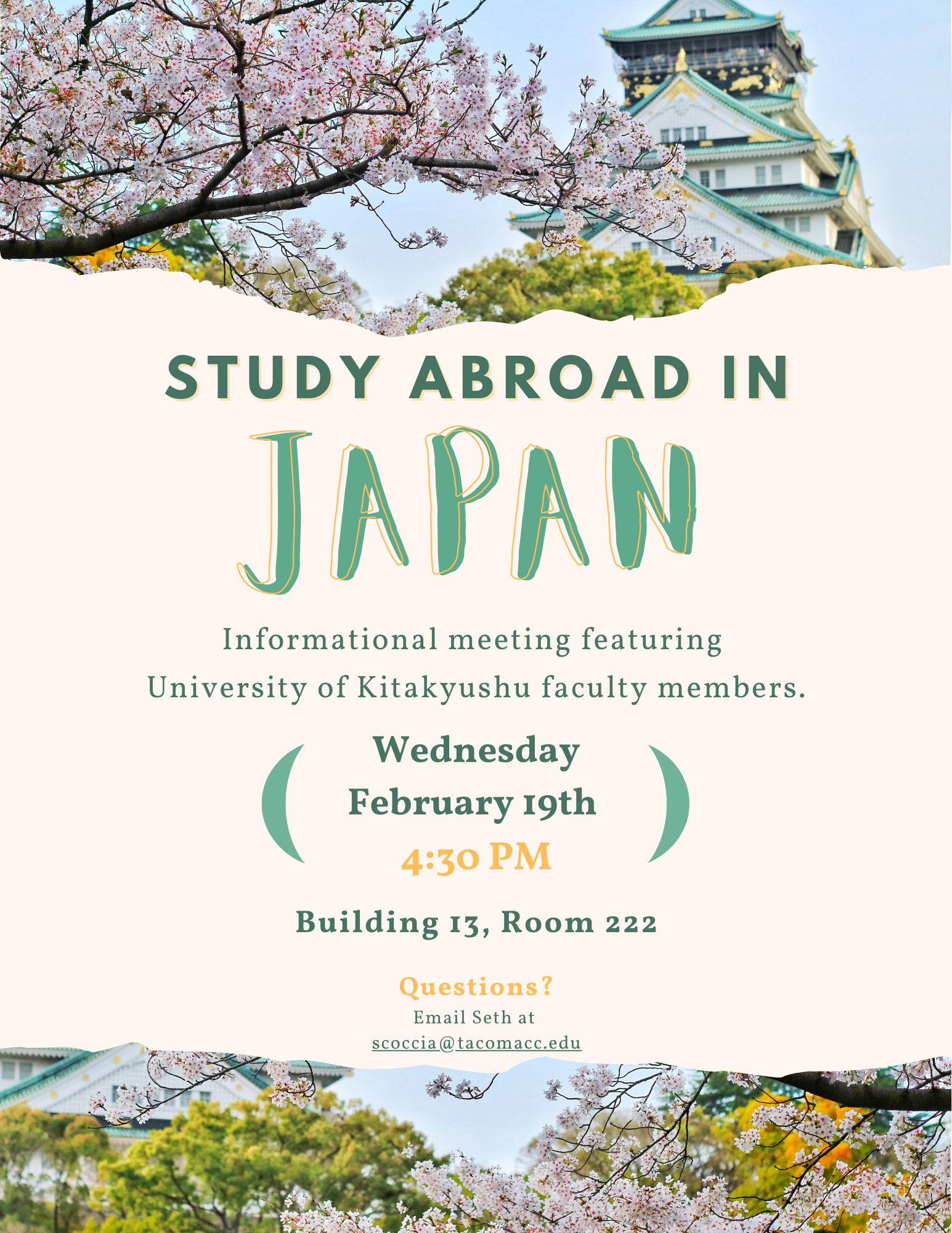 Flyer for study abroad in Japan information session, Feb. 19, 4:30 p.m. in 12-22. Featuring faculty from the University of Kitakyushu. 