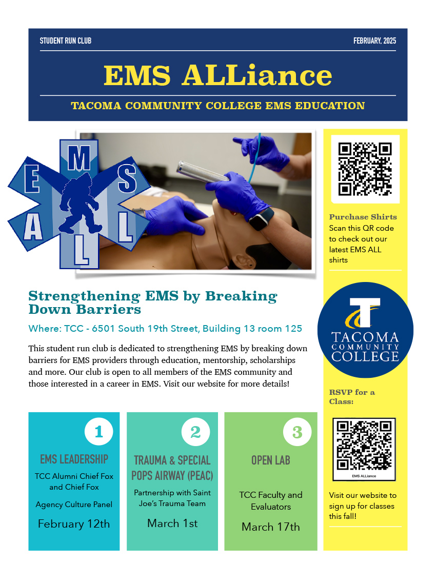 Flyer for Winter 2025 EMS Alliance events, Feb. 12, 12:30 - 2 p.m., TCC Alumnus Cheif Fox, cultural panel. 