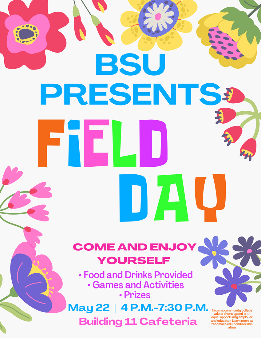 Colorful flyer for BSU Indoor Field Day, May 22, 4:30 - 7 p.m. in the Building 11 Cafeteria.