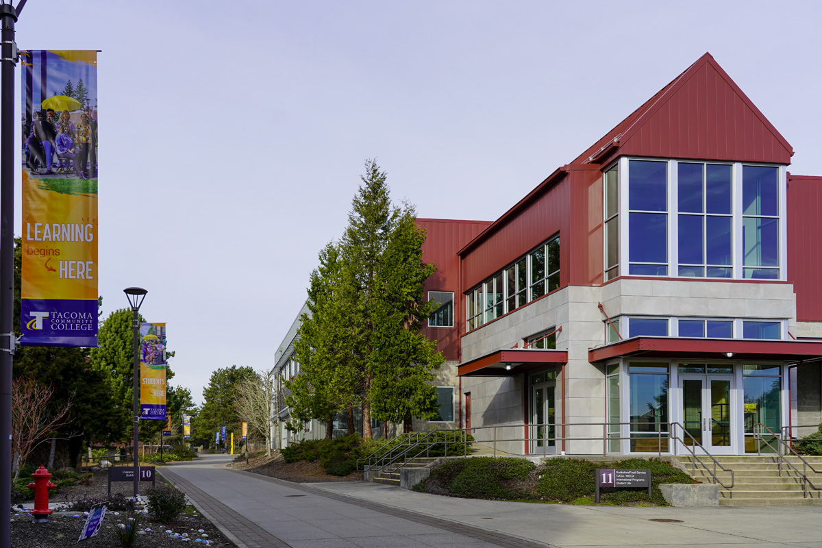 Photo of the TCC Student Center, seen from the Campus Commons. 